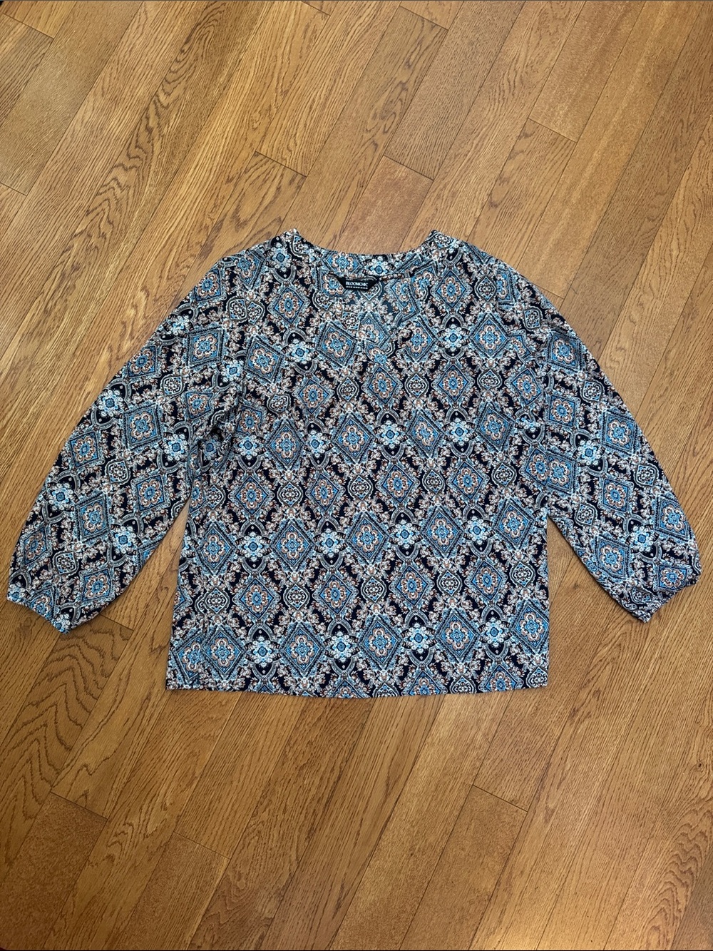 Blue Black and White Geometric-Print Women’s Blouse